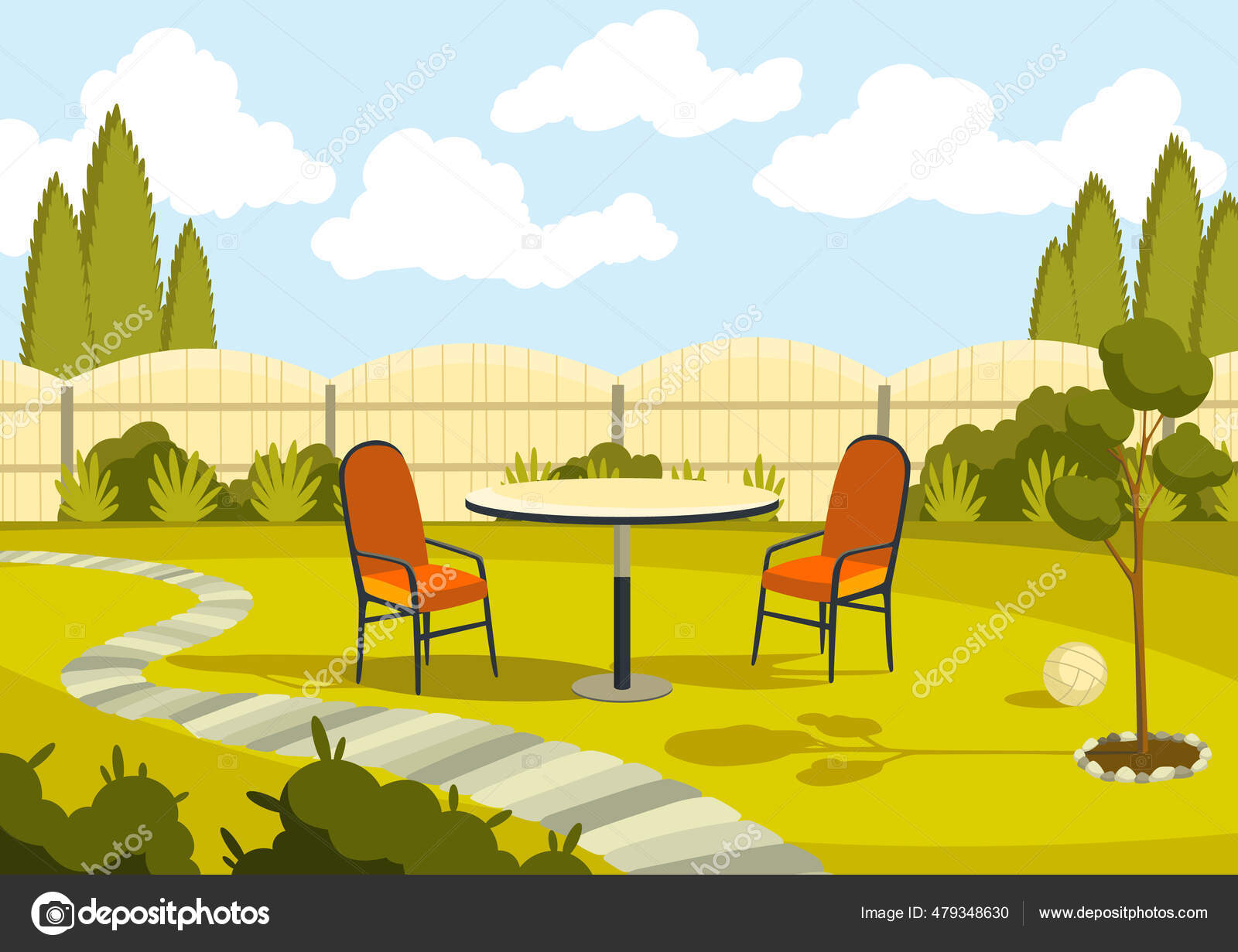 Patio area with cartoon table and chairs. Sunny courtyard area with green  grass. Outdoor cartoon backyard background vector illustration Stock Vector  Image by © #479348630