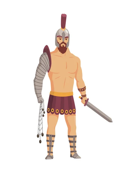 Ancient rome gladiator. Vector roman warrior character in armor with sword. Flat illustration in cartoon style. Militant man ready for battle — Stock Vector