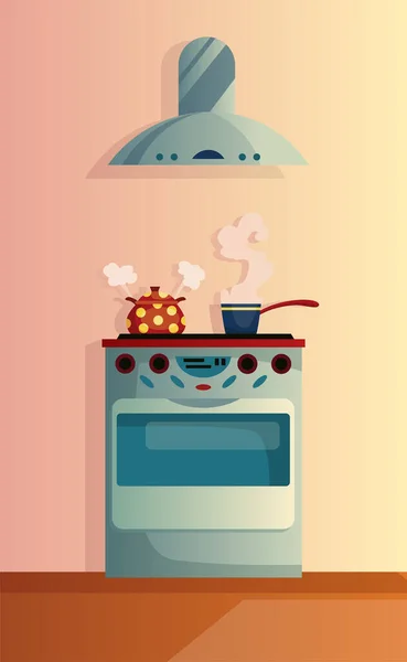 キッチンインテリア漫画ベクトルイラスト。ホブと抽出器付きの家庭料理の部屋。家庭用機器 — ストックベクタ