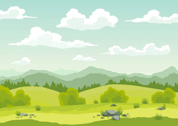 Paisaje primaveral con hierba verde, colinas, cielo azul con nubes. Fondo del campo de la naturaleza en estilo plano de dibujos animados. Hermosa pancarta con campo y árbol — Vector de stock