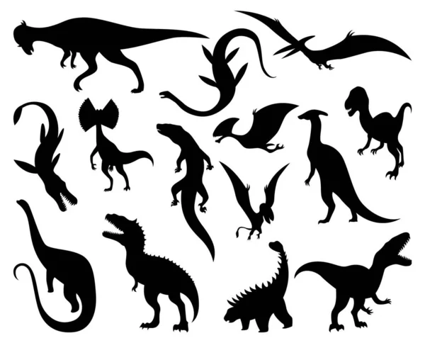 Dinossauros silhuetas definidas. Ícones de monstros Dino. Monstros de répteis pré-históricos. Ilustração vetorial isolada sobre branco. Conjunto de esboços — Vetor de Stock