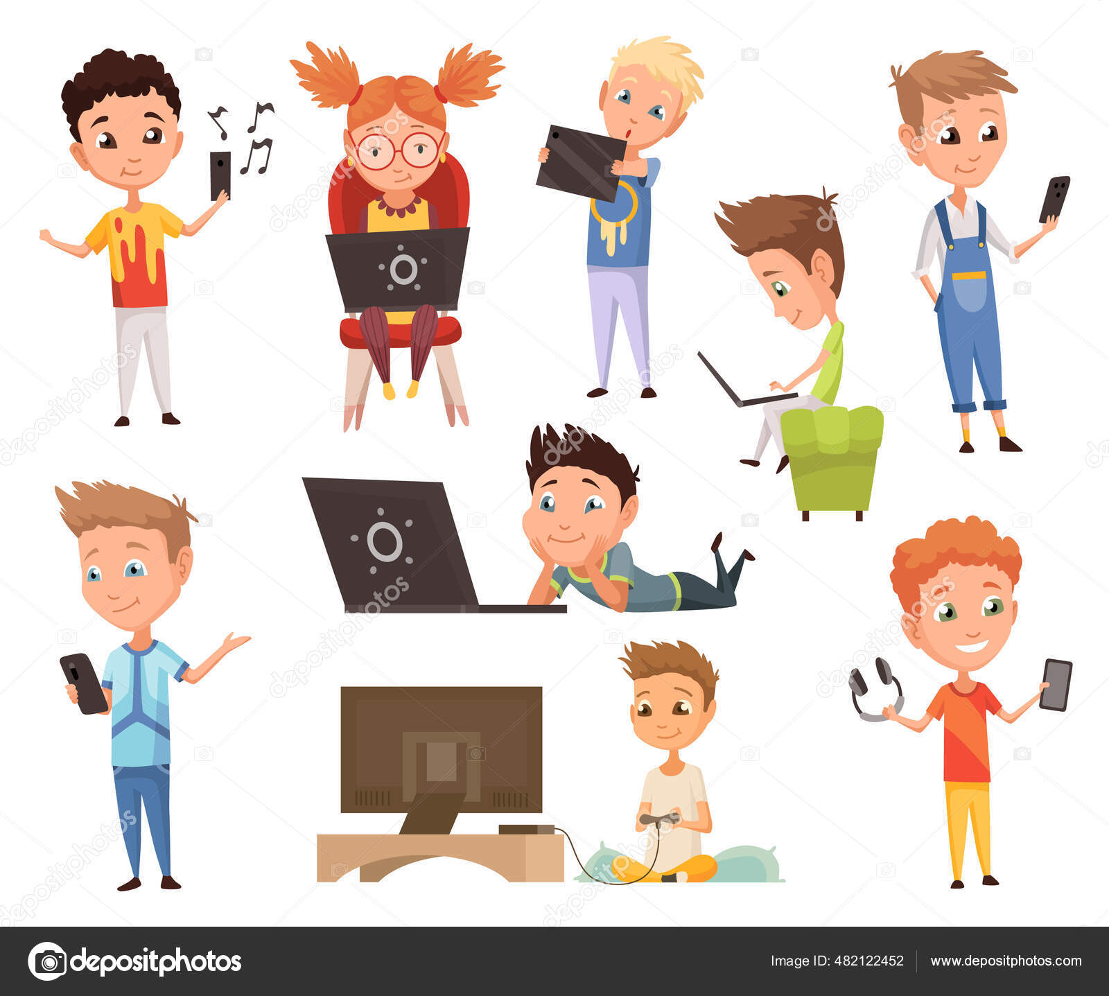 Kids who using gadget. Child and modern technology colorful cartoon characters. Childrens watching, listening and playing with electronic devices Stock Vector Image by © #482122452 Kids who using gadget. Child and modern technology colorful cartoon characters. Childrens watching, listening and playing with electronic devices Stock Vector Image by © #482122452