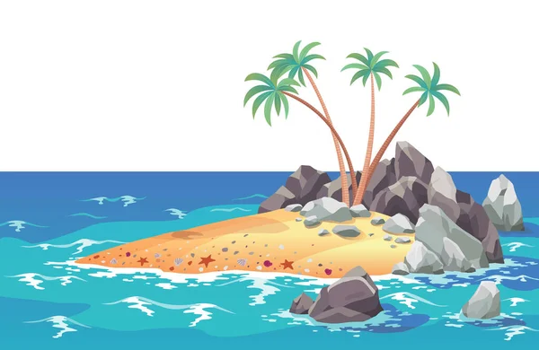 Pirate Ocean Island σε στυλ κινουμένων σχεδίων. Φοίνικες σε ακατοίκητο νησί της θάλασσας. Τροπικό τοπίο με αμμώδη παραλία και τροπική φύση — Διανυσματικό Αρχείο