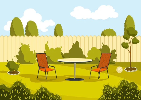 Patio con mesa de dibujos animados y sillas. Zona de patio soleado con césped verde. Dibujos animados al aire libre fondo fondo vector ilustración — Vector de stock