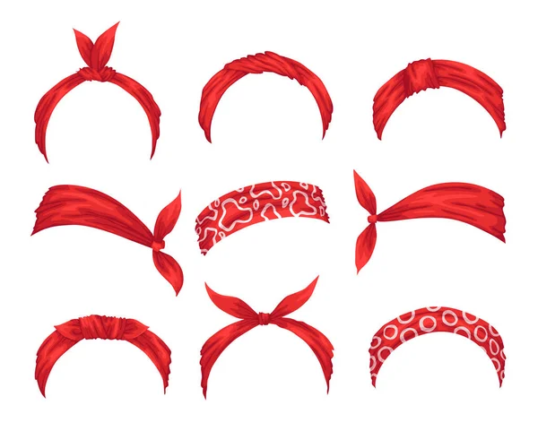 Coleção de headbands retro para a mulher. Mockups de nó de cabelo decorativo. Vermelho bandana molho de cabelo ventoso. Lenço amarrado para penteados —  Vetores de Stock