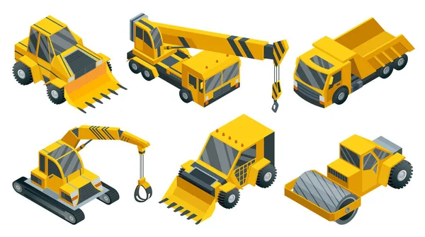 Juego isométrico de maquinaria de construcción. Transporte pesado. Colección de iconos que representa la minería pesada y la industria de la carretera. Carrera y transporte de la construcción — Archivo Imágenes Vectoriales