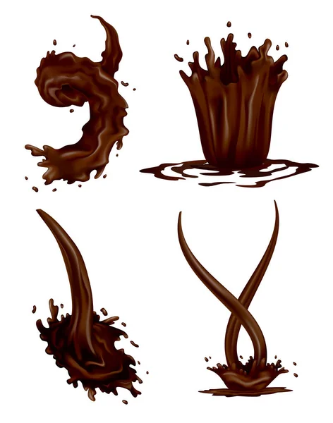 Choklad stänk uppsättning realistiska droppar och virvla flöden på vit bakgrund. Vektor vätska kakao mat, varm dryck mall. Läcker mörk choklad för konfektyr desserter reklam — Stock vektor