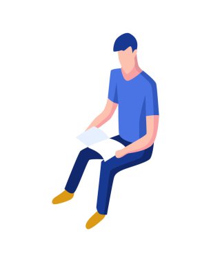 Isometric insan ikonu. 3D adamlar oturup kitap okurlar. Modern gençler. İzole vektör illüstrasyonu