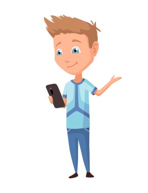 Çocuk alet kullanıyor. Çocuk ve modern teknoloji renkli çizgi film karakteri. Akıllı telefonu olan genç bir çocuk.