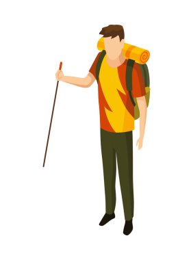 Isome kampı. Yürüyüşün renkli sembolü. Kamp malzemelerinin özelliklerine sahip simge. Dağ sırt çantalı adam izole edilmiş vektör çizimi