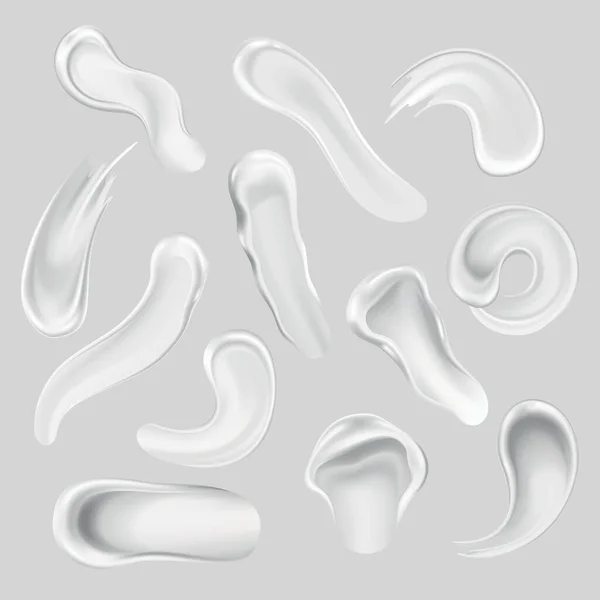 Крем-мазки косметичного білого крему для шкіри різних форм і розмірів ізольовані на тлі. Векторна концепція. Догляд за шкірою або зволожуюча реклама. Вершкові гладкі, мазкові косметичні продукти — стоковий вектор