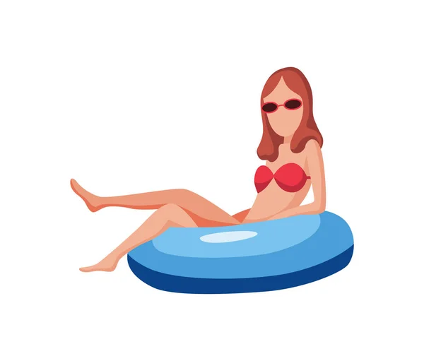 Mujer flotando en el colchón de aire. Divertido personaje femenino con gafas. Jovencita nadando en anillo inflable. Ilustración de dibujos animados planos de verano — Vector de stock