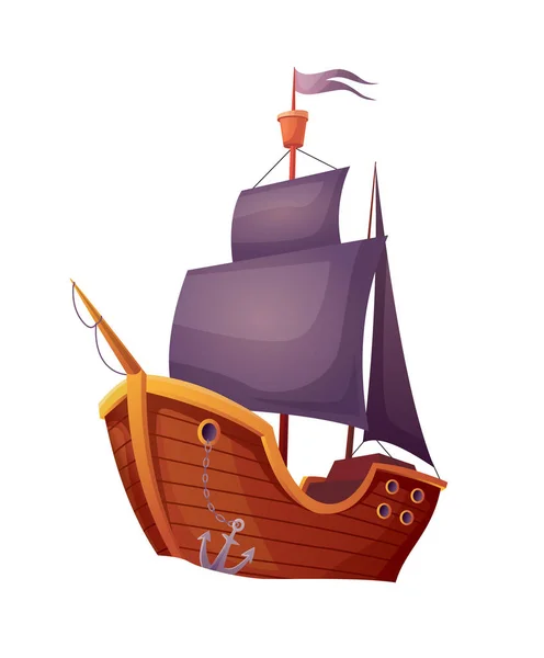 Barco pirata de madera aislado sobre fondo blanco. Publicidad de viajes náuticos en velero antiguo. Yate de soledad con vela oscura — Vector de stock