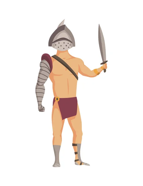 Antico gladiatore romano. Vettore personaggio guerriero romano in armatura con spada. Illustrazione piatta in stile cartone animato. Uomo militante pronto per la battaglia — Vettoriale Stock