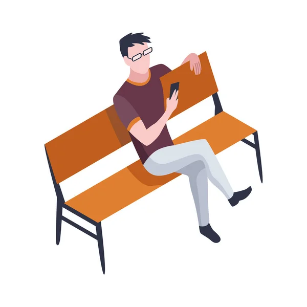 Folk i park isometriska. Mannen sitter på en bänk och tittar på en mobil. Använder fritid på ett bra sätt. Vektorkaraktär isolerad på vitt — Stock vektor