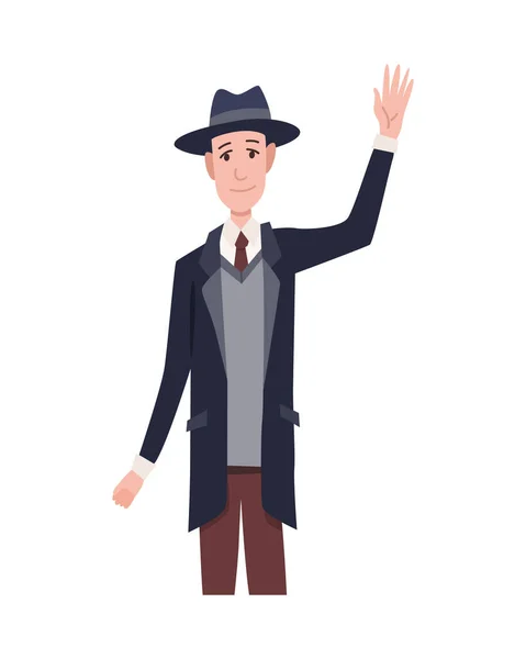 Greeting gesture of men waving his hand. Character in casual clothes say hello. Nation representative greets you with a smile on his face — Stock Vector