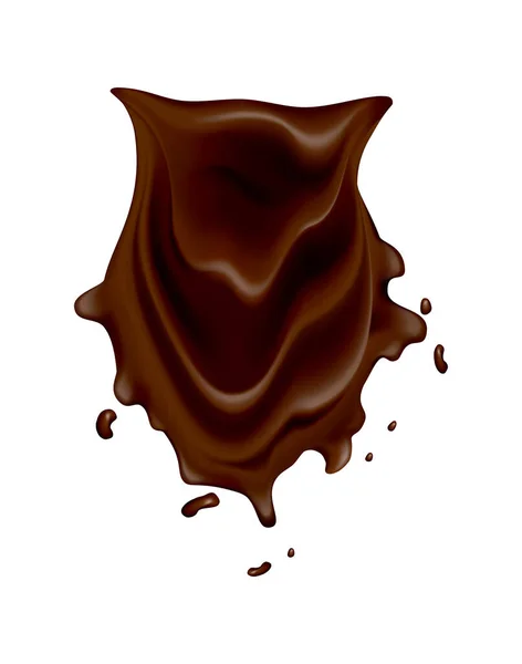 Chokladstänk. Realistiska droppar eller virvla flöde på vit bakgrund. Vektor vätska kakao mat, varm dryck mall. Läcker mörk choklad för konfektyr desserter reklam — Stock vektor