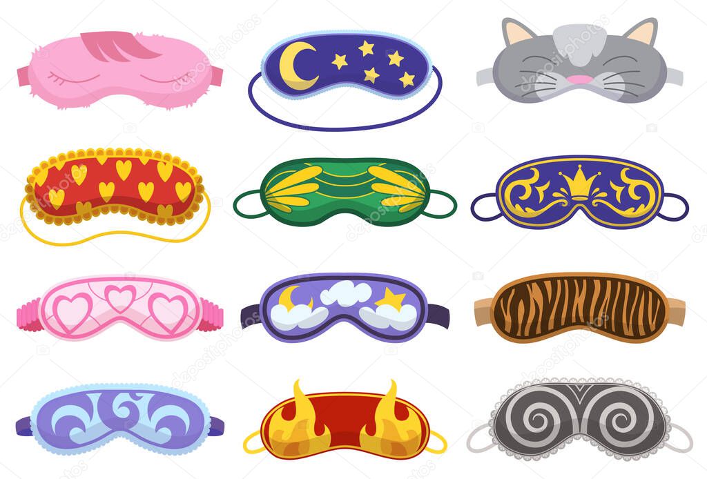 Sleep masks different shapes. Eye protection accessories and prevention of healthy sleep. Blindfold symbols in cartoon style. Design elements collection
