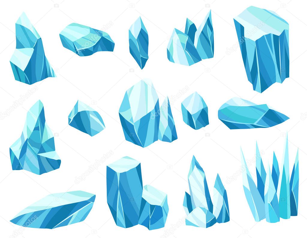 Collection of cartoon ice crystals. Cold frozen blocks or ice mountain, winter decoration for game design. Iceberg broken pieces of ice. Snowy elements on white background