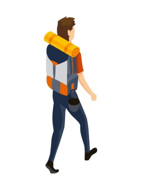 Isome kampı. Yürüyüşün renkli sembolü. Kamp malzemelerinin özelliklerine sahip simge. Dağ sırt çantalı adam izole edilmiş vektör çizimi