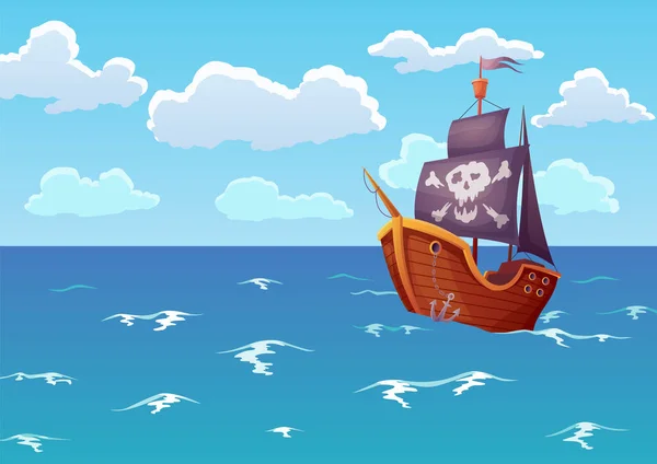 Pirate bateau en bois dans l'océan. Publicité de paysage de la mer tropicale avec voilier antique. Solitude yacht avec voile crâne disséquant les vagues de la mer — Image vectorielle