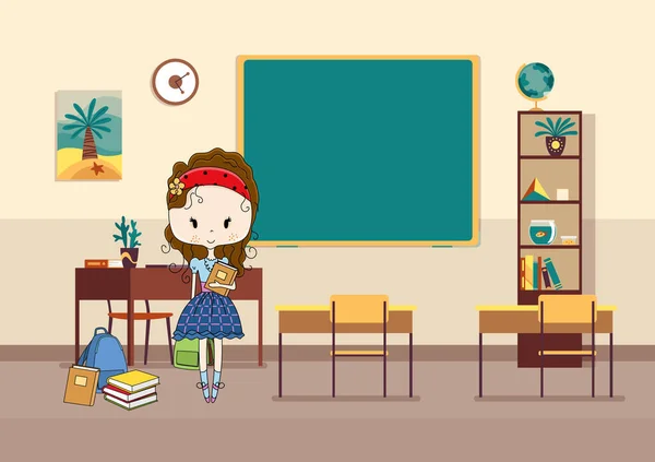 Aula con alumno. Niño de primaria. Interior moderno para la educación. Personaje de chica listo para estudiar. Lugar de adquisición de conocimientos — Vector de stock