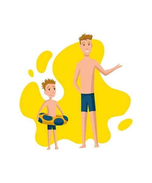 O pai passa tempo com o filho. Pai e filho se preparando para nadar na piscina, conceito de família feliz. Paternidade plana desenho animado ilustração vetorial. Actividade exterior — Vetor de Stock