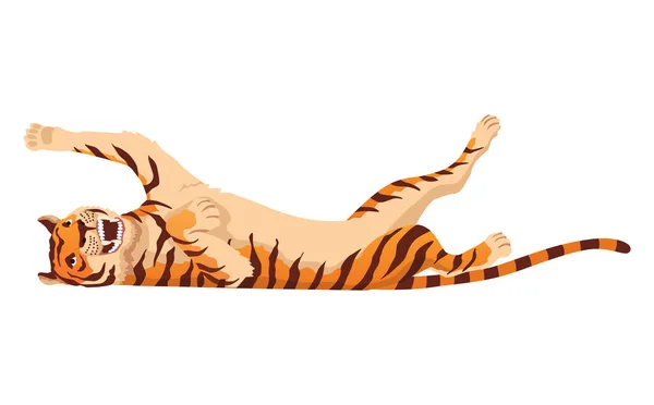 Erwachsener großer Tiger. Wütendes Tier aus der Tierwelt. Großkatze. Raubsäugetier. Bemalte Zeichentrickanimation. Flache Vektordarstellung isoliert auf weißem Hintergrund — Stockvektor