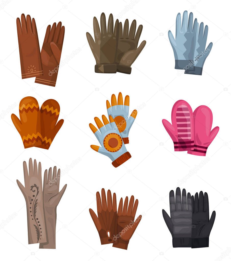 Winter gloves collection. Set of different gloves and knitted mittens as handwear in winter or autumn season. Vector design symbols for web isolated on a white background.