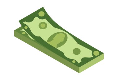Isometric para yığını. Para birimi ya da nakit ikonu. Bir tomar banknot. Bir yığın nakit sembolü. Beyaz arkaplanda izole edilmiş faturalar