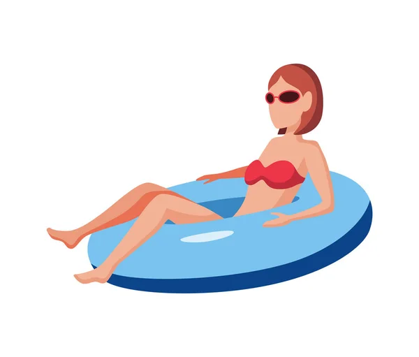 Mujer flotando en el colchón de aire. Divertido personaje femenino con gafas. Jovencita nadando en anillo inflable. Ilustración de dibujos animados planos de verano — Vector de stock