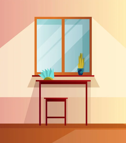 Kök interiör tecknad vektor illustration. Matsal med matbord och stol i trä nära fönstret. Utrustning för hemmabruk — Stock vektor