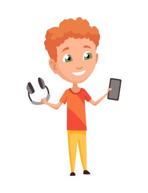 Çocuk alet kullanıyor. Çocuk ve modern teknoloji renkli çizgi film karakteri. Elinde telefon ve kablosuz kulaklık tutan genç bir çocuk.