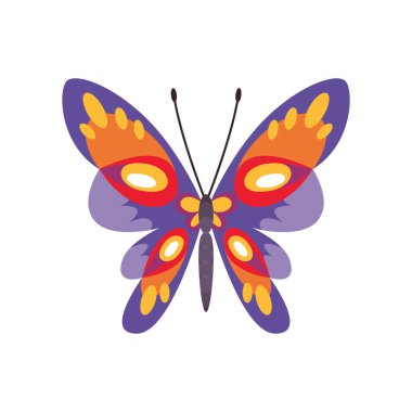 Egzotik renk kelebeği. El yapımı güve kanatları ya da böcek. Çizgi filmdeki tropik hayvan. İzole vektör simgesi