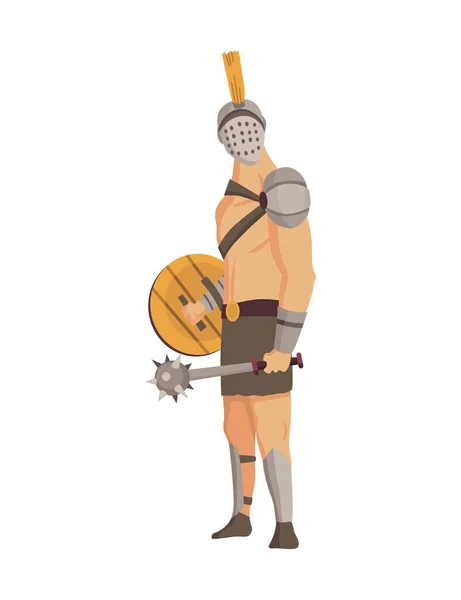 Antico gladiatore romano. Vettore personaggio guerriero romano in armatura con mazza e scudo. Illustrazione piatta in stile cartone animato. Uomo militante pronto per la battaglia — Vettoriale Stock