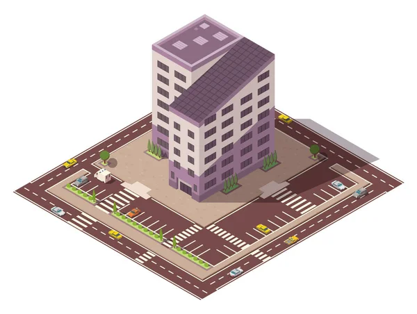 Vecteur isométrique gratte-ciel et éléments de rue avec place de parking. Élément de construction de plan de ville ou de ville. Icône représentant le bâtiment à plusieurs étages. Maisons, maisons ou bureaux — Image vectorielle
