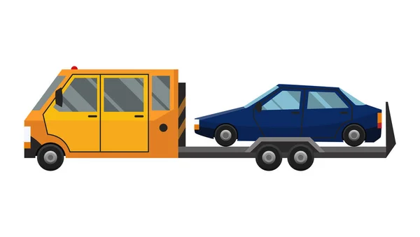 Una grúa. Un coche defectuoso cargado en una grúa. Servicio de reparación de vehículos que proporciona asistencia a vehículos dañados o salvados — Archivo Imágenes Vectoriales