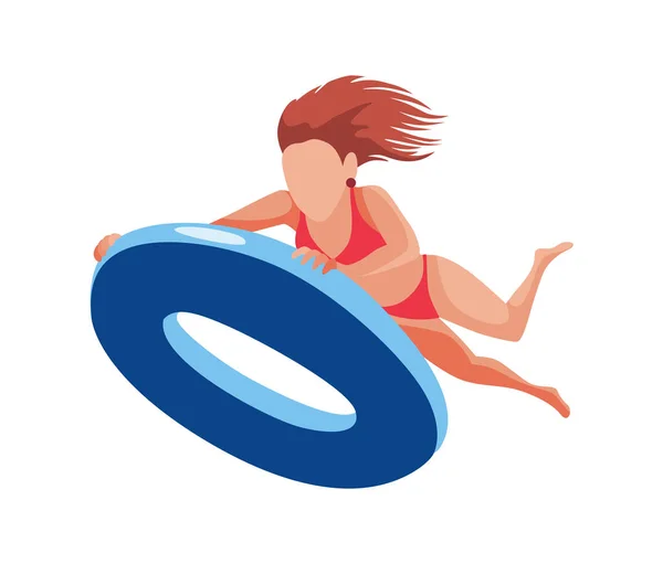 Mujer flotando en el colchón de aire. Divertido personaje femenino. Jovencita nadando en anillo inflable. Ilustración de dibujos animados planos de verano — Vector de stock