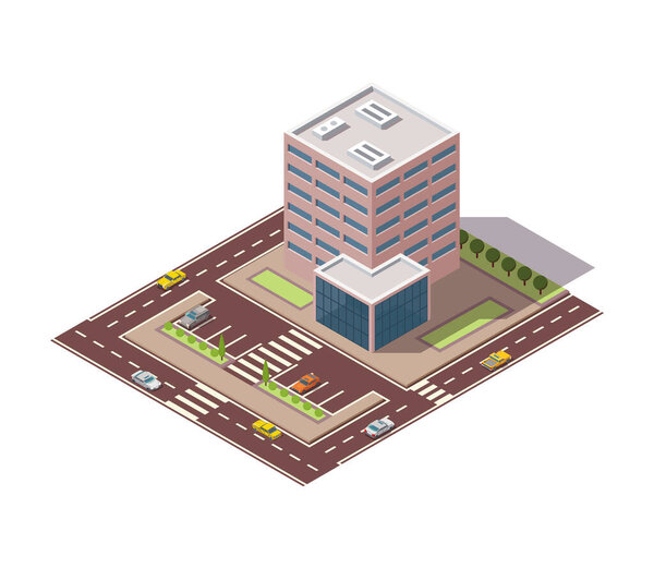 Офисы изометрические. Городской жилой дом с улицей и машинами для создания карты города. Инфографический элемент. Состав городского дома с дорогами