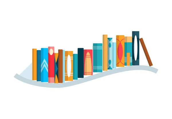 Könyvespolc színes könyvekkel. Vissza az iskolai és oktatási tanulófal koncepciójához. Könyvtár belső eleme. Lapos olvasókönyvek illusztráció — Stock Vector