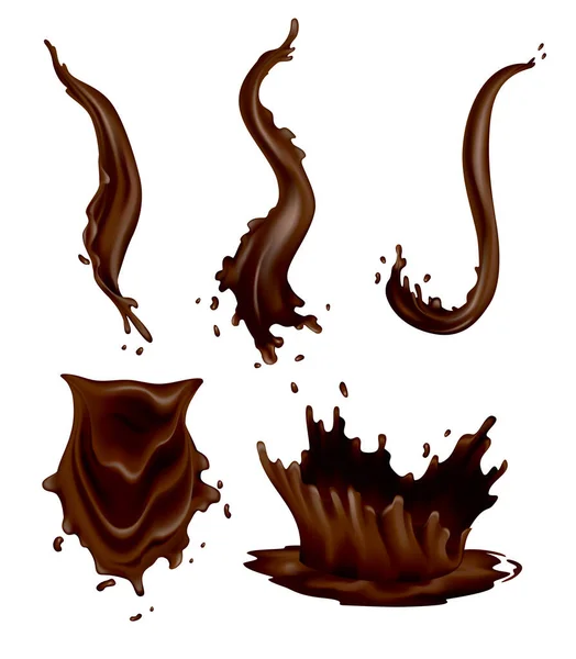 Cioccolato spruzza serie di gocce realistiche e vortice scorre su sfondo bianco. Cacao liquido vettoriale, modello di bevanda calda. Delizioso cioccolato fondente per dolci pubblicitari — Vettoriale Stock