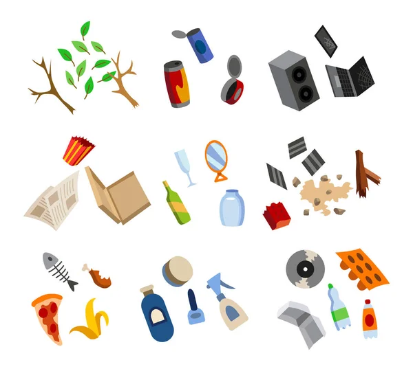 Clasificación de basura. Muchos elementos de reciclaje clasificados. Separación de residuos antes del cubo de basura. Concepto de gestión de residuos — Archivo Imágenes Vectoriales
