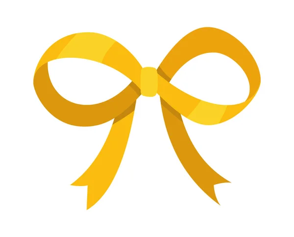 Arco dorado. Dibujos animados vector amarillo elemento de diseño de lujo de paquete de envoltura. Arco satinado con cinta aislada sobre fondo blanco — Vector de stock
