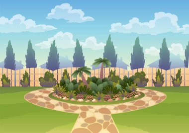 Arka bahçesinde çiçek tarhı ve tahta çit var. Çimenler ve park bitkileri, yeşil ağaçlar ve çalılar. Bahçe tasarımı mimarisi