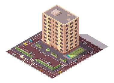 Vektör izometrik yüksek bina ve park yeri olan sokak elemanları. Şehir ya da kasaba haritası yapım elemanı. Simge çok katlı binayı temsil ediyor. Evler, evler veya ofisler