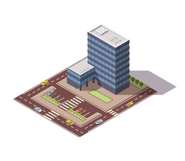 Ofisler izometrik. Mimarlık, iş merkezinin ön cephesi. Bilgi elemanı. Mimari vektör 3d illüstrasyon. Yolları olan şehir evi kompozisyonu