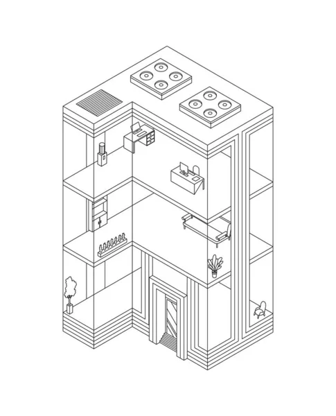 Croquis isométrique du bâtiment d'affaires avec bureaux et mobilier d'intérieur. Bureau urbain 3D moderne. Bâtiment d'architecture en verre façade — Image vectorielle