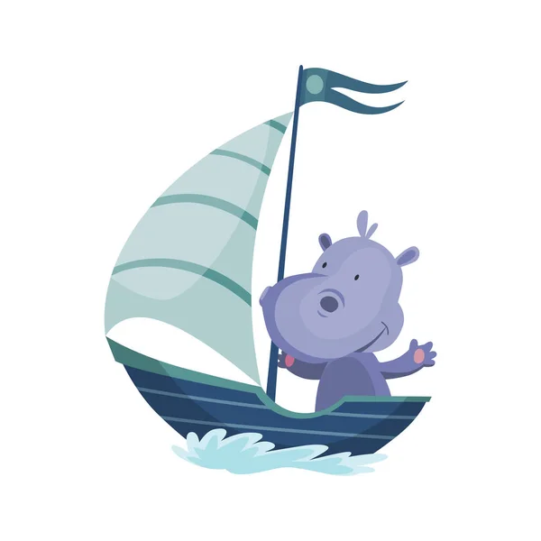 Leuke nijlpaard dier zeilen op de boot. Vector grappige cartoon zeiler op zeilboot met watergolven geïsoleerd op witte achtergrond. Baby karakter — Stockvector