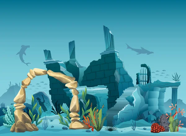 Unterwasserruinen der Altstadt und Sandsteinbogen. Silhouette des blauen Meeres Hintergrund. Natürliche Unterwasserlandschaft, Meeresfauna. Korallenriff mit Fischen und überfluteter Teil der Altstadt — Stockvektor