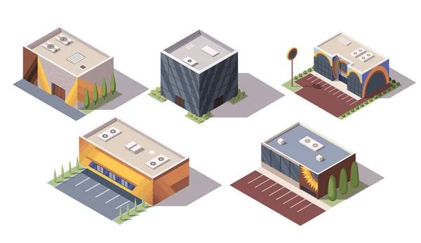 Conjunto de supermercados isométricos o supermercados de construcción. Iconos isométricos vectoriales o elementos infográficos que representan edificios comerciales. Mercados de tiendas 3D para infraestructura urbana — Vector de stock